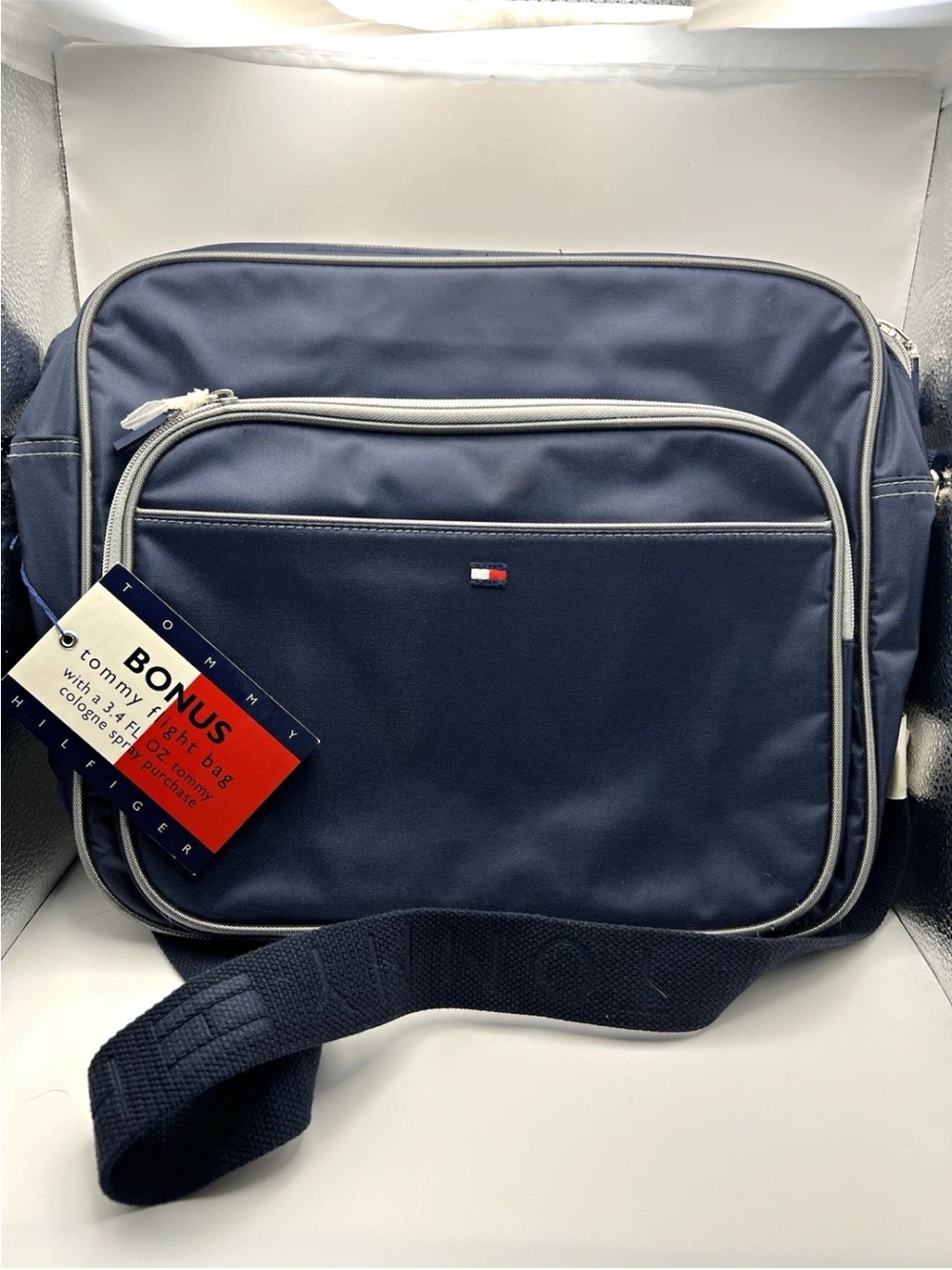 NEW Tommy Hilfiger Navy Messenger Bag with Front Pocket + Audio Cord Opening